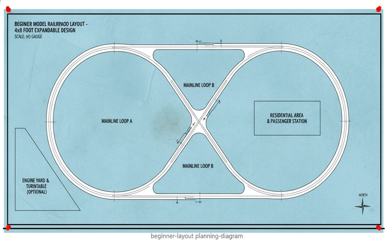 Overhead view of 4x8 foot beginner model railroad layout with track plan