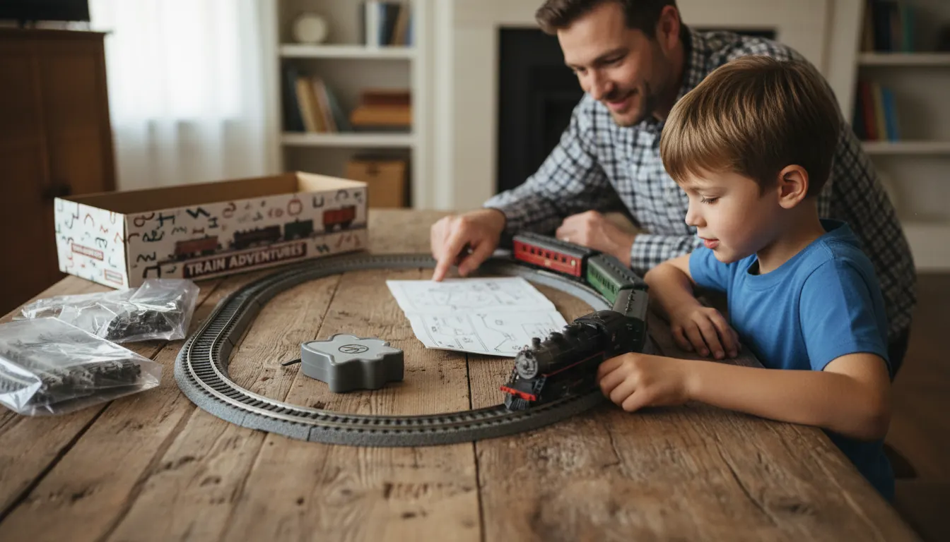 A beginner HO scale model train starter set with an oval track layout on a wooden table