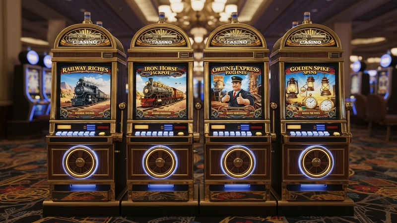 Railway themed casino slot machines featuring train imagery and vintage locomotive graphics